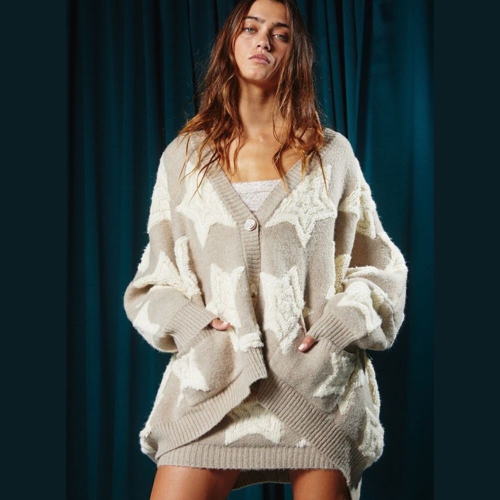 Oversized Star Pullover Sweater Cardigan Skirt Set